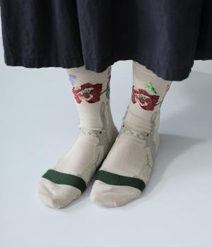 ハイゲージクルーソックス　刺繍　RABBIT(ベージュ-2325)