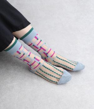 シースルーソックス　GEOMETRIC(ピンク×グリーン-2325)