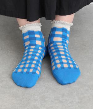 シースルーショートソックス　GINGHAM(ブルー-2325)