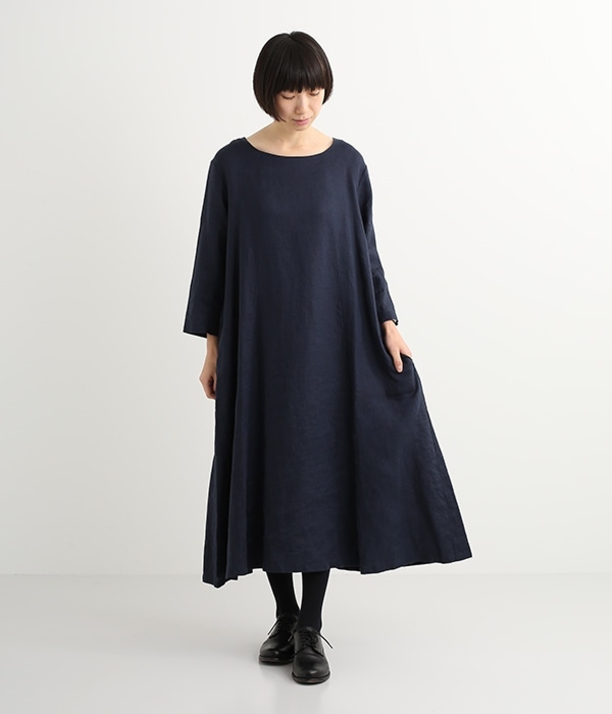 リネンオックス切り替えワンピース(ネイビー-M)