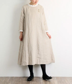 リネンオックス切り替えワンピース(ベージュ-L)