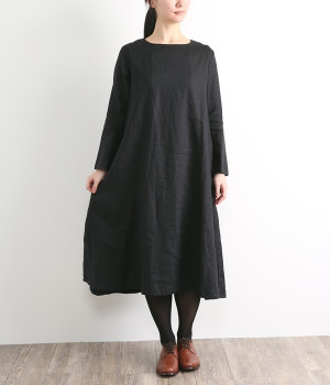 リネンオックス切り替えワンピース(ブラック-L)
