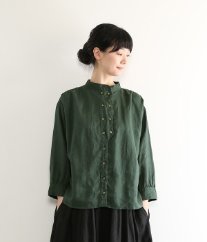 リネンオックスダブルボタンブラウス(グリーン-L)