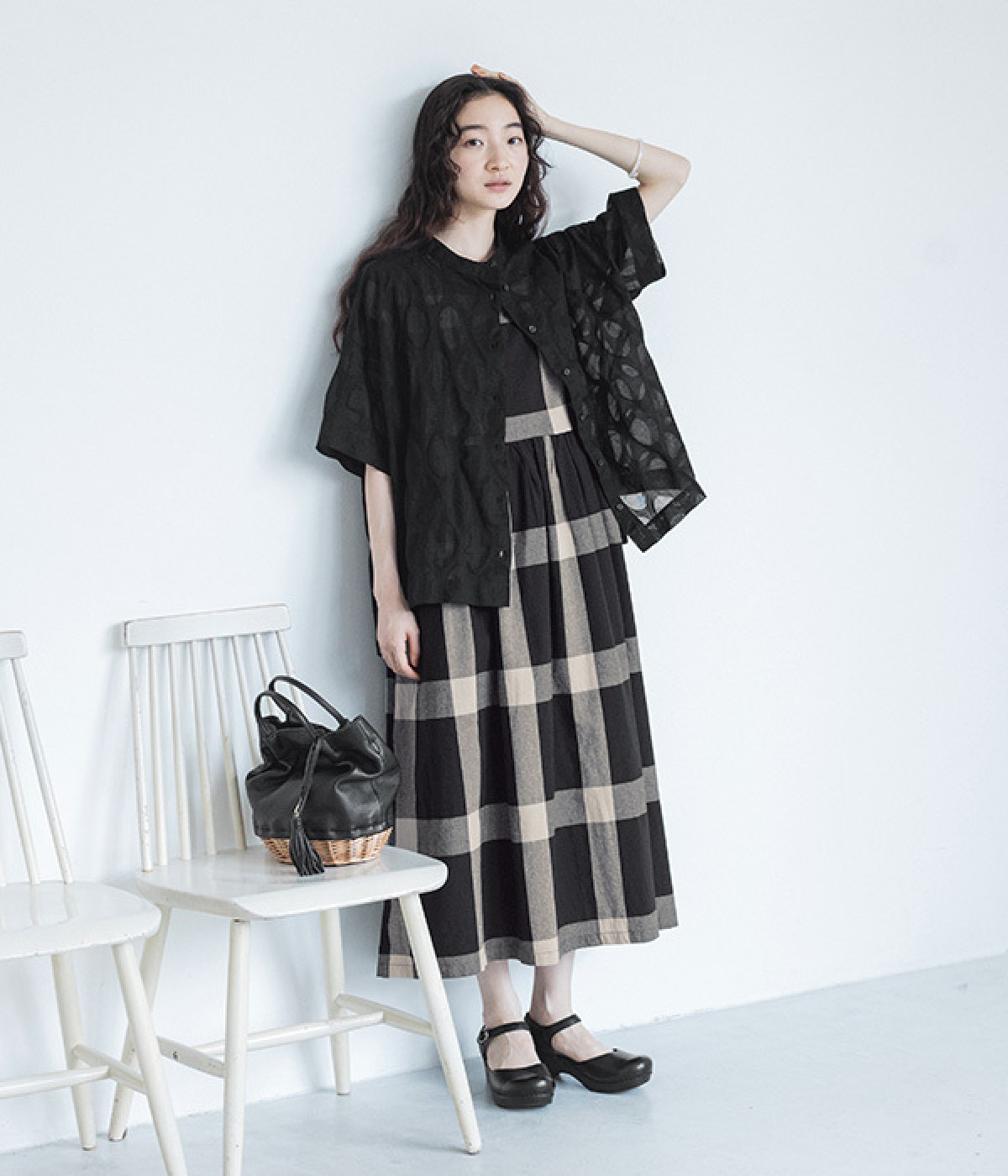コットンオックスブロックチェックノースリーブワンピース(ブラック-M)