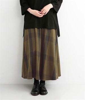 コットンビエラチェックスカート(カーキ×グレー-L)