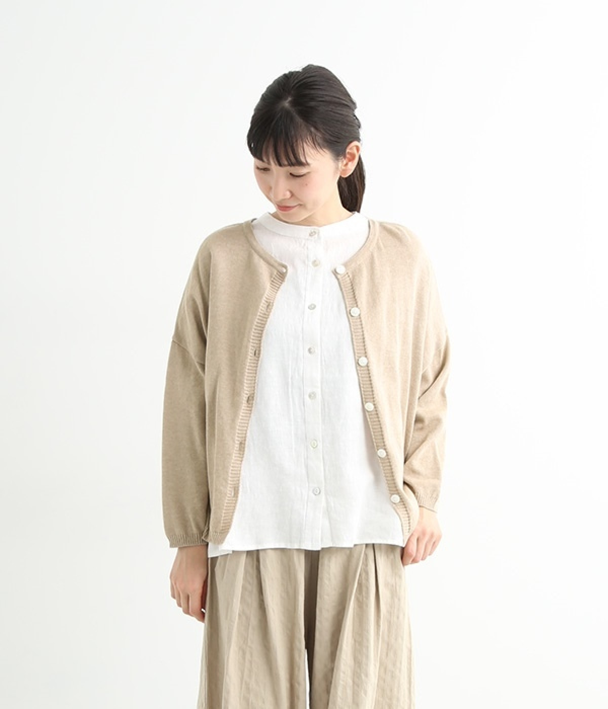 コットンリネン前後2WAYカーディガン(杢ベージュ-L)