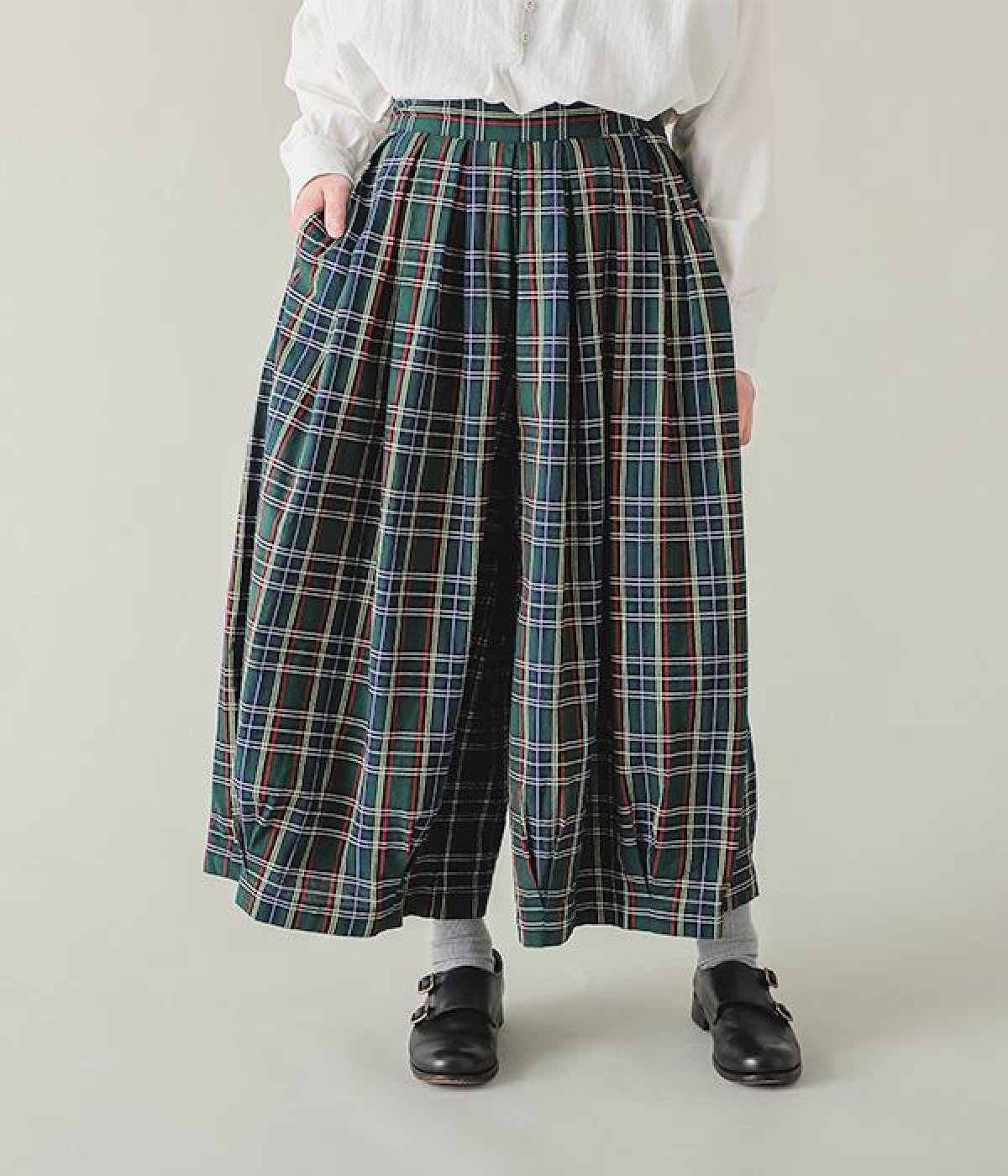 コットンオックスチェックワイドタックパンツ(グリーン-L)