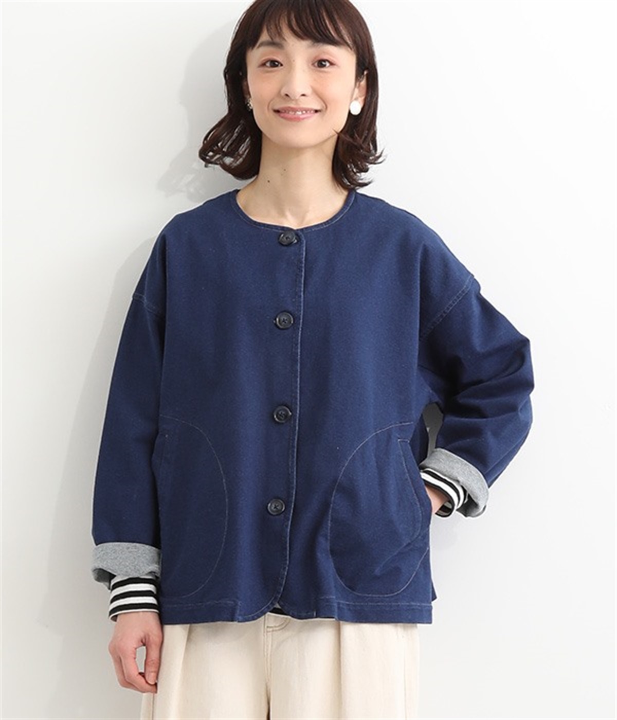 裏毛デニムノーカーラージャケット(ブルー-M)