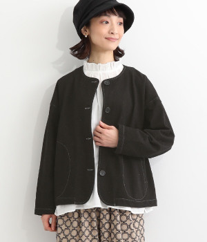 裏毛デニムノーカーラージャケット(ブラック-L)