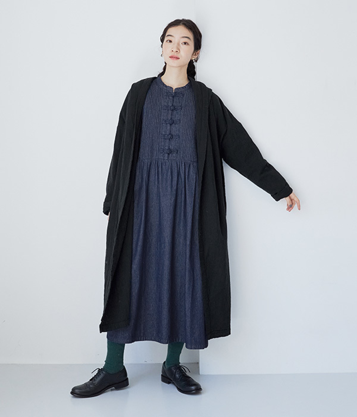 コットンリネン接結　ショールコート(ブラック-ONESIZE)