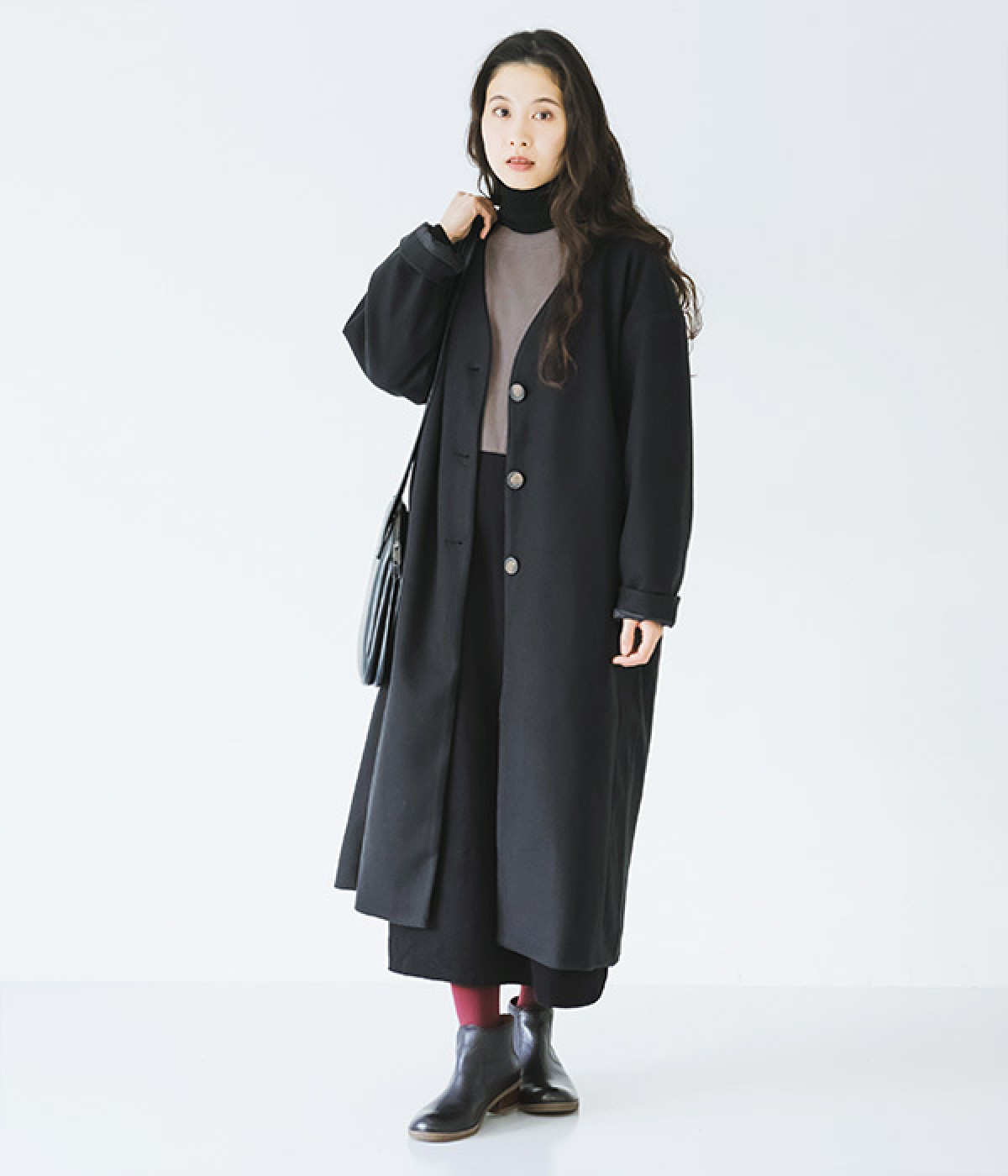 フェイクウールVカラーコート(ブラック-ONESIZE)