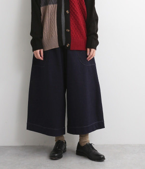 裏毛ニットデニムワイドパンツ(ネイビー-L)