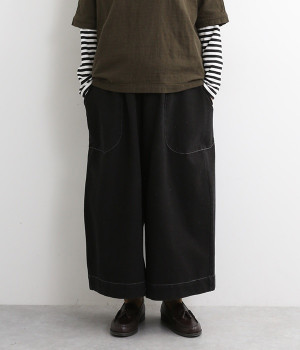 裏毛ニットデニムワイドパンツ(ブラック-L)