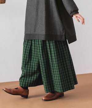 コットンビエラブロックチェックワイドタックパンツ(グリーン-M)