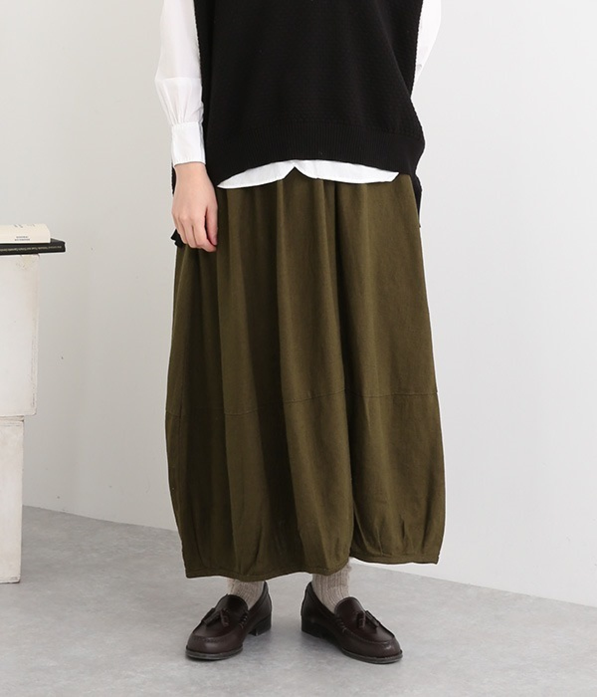 リネンコットンスラブバルーンスカート(ダークブラウン-M)