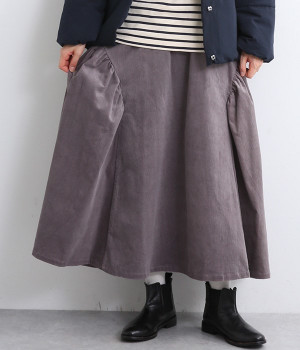 ストレッチコールロングスカート(グレーパープル-L)
