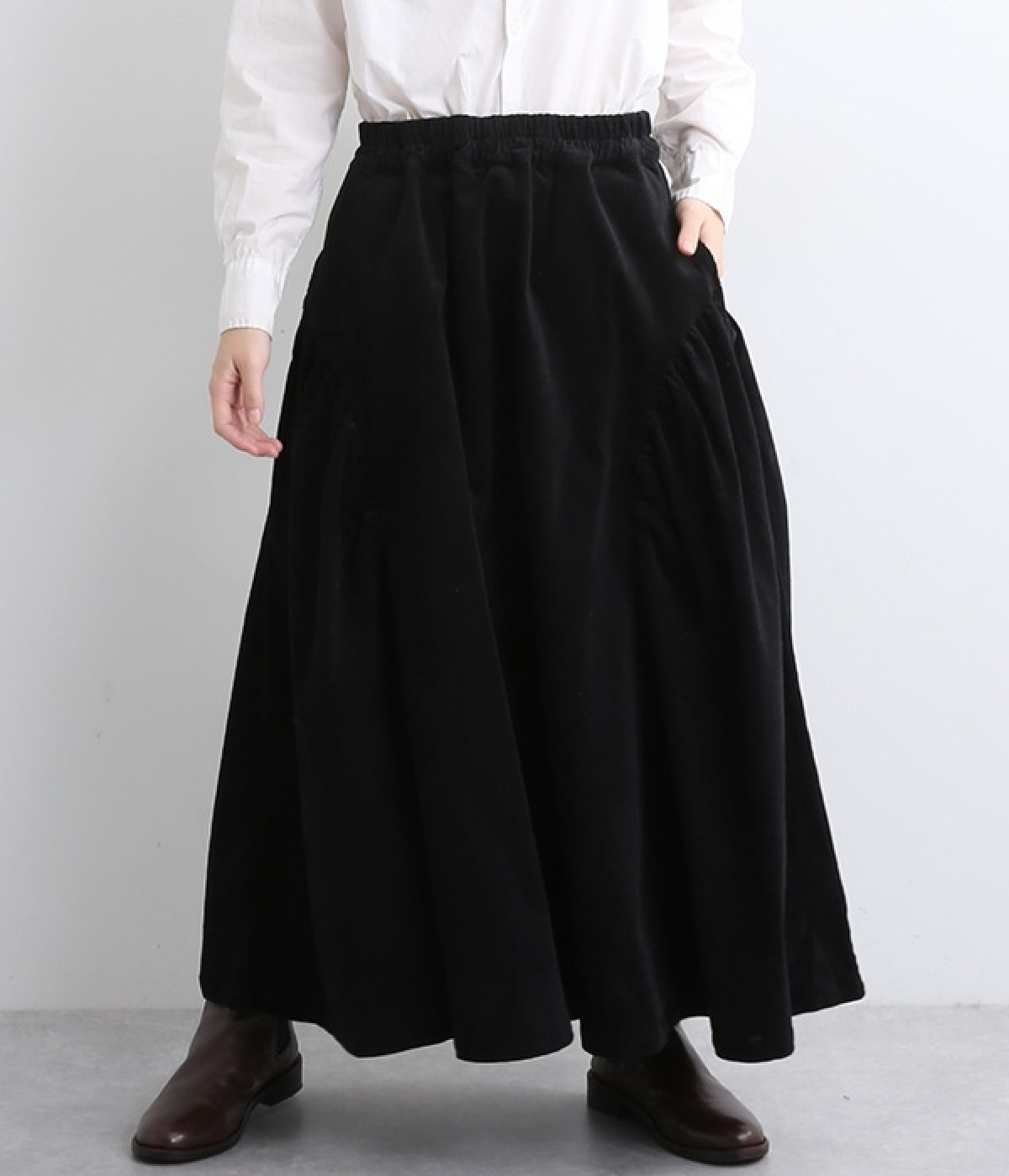 ストレッチコールロングスカート(ブラック-M)