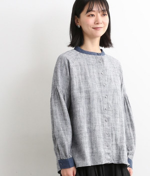 コットンリネンヘリンボーン配色ブラウス(ネイビー-L)