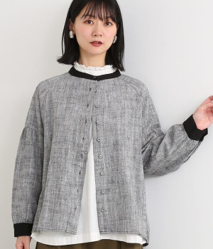 コットンリネンヘリンボーン配色ブラウス(ブラック-L)