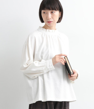 ツイル襟フリルブラウス(オフホワイト-L)