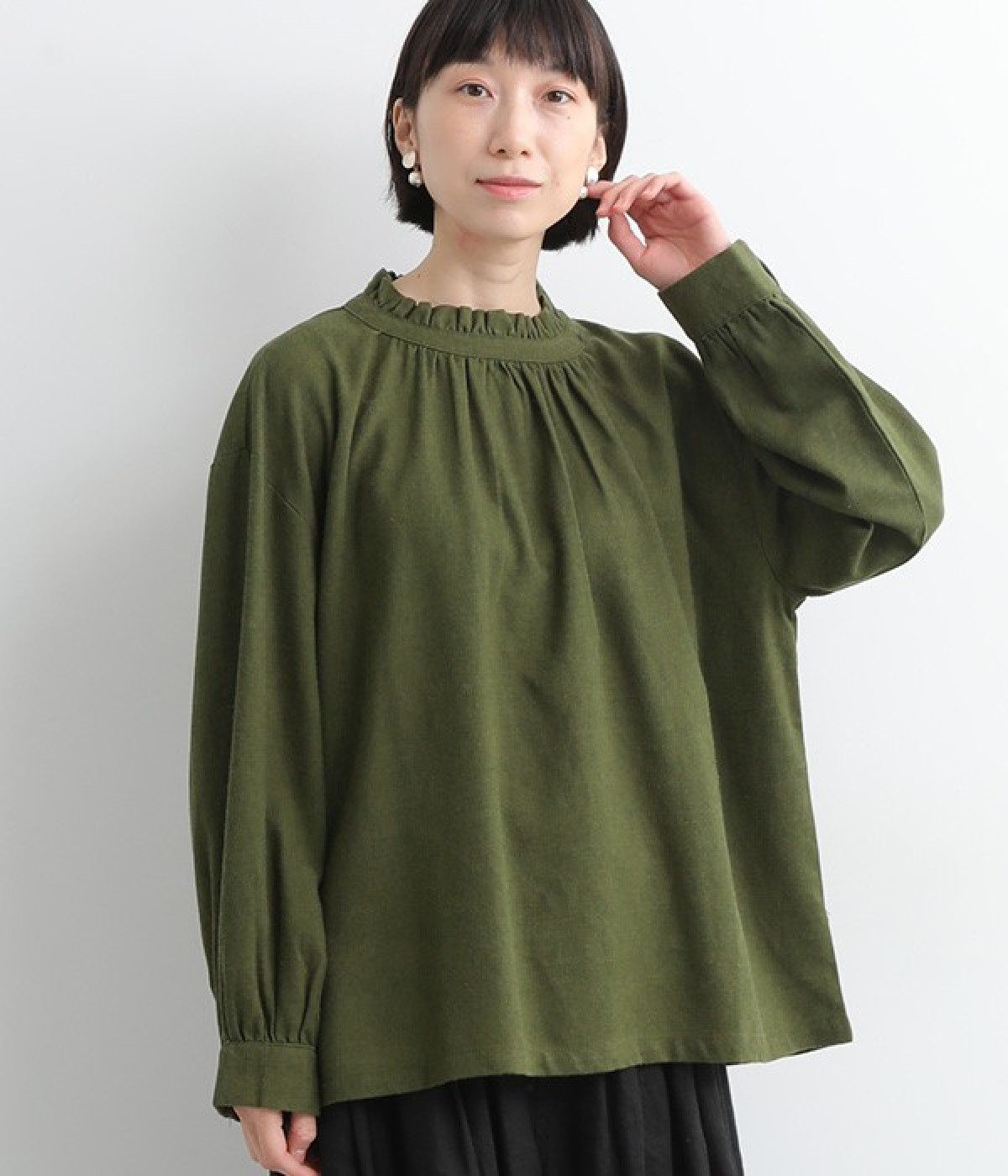 ツイル襟フリルブラウス(グリーン-M)