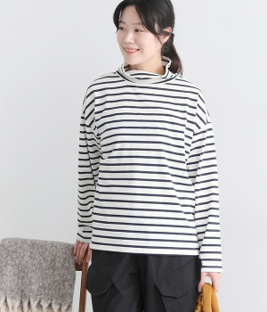 天竺ハイネックボーダープルオーバー(ホワイト-M)