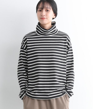 天竺ハイネックボーダープルオーバー(ブラック-M)
