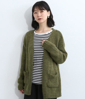 スラブヤーンポケット付きニットカーディガン(カーキ-M)