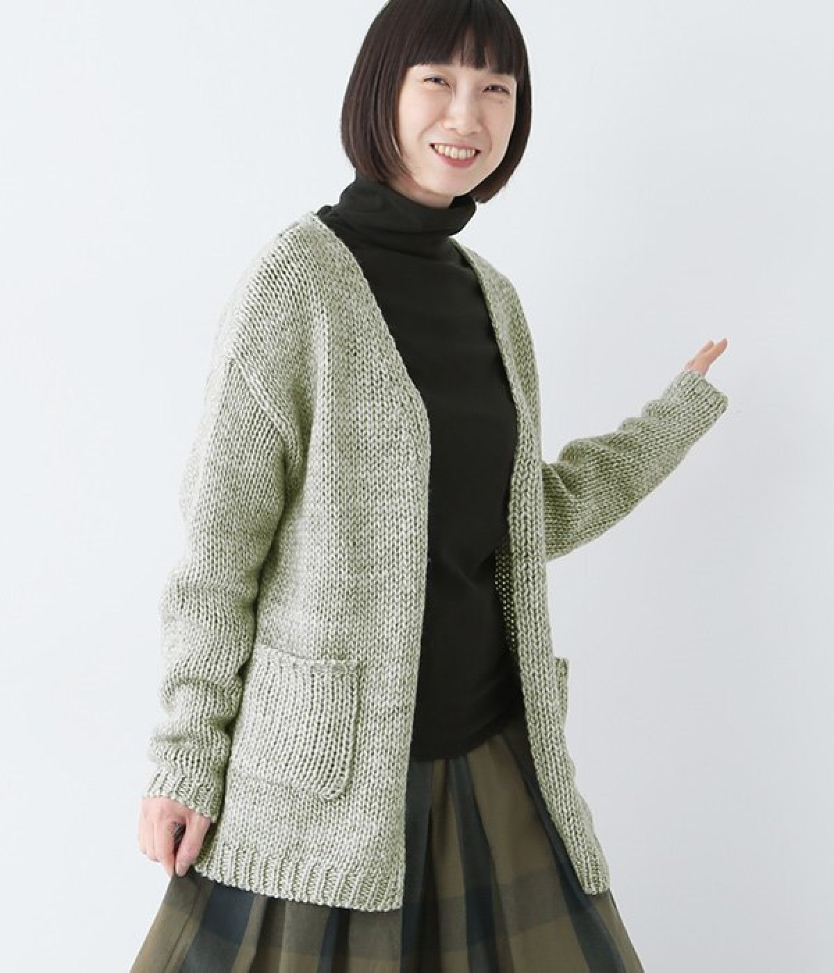 スラブヤーンポケット付きニットカーディガン(グレー-M)