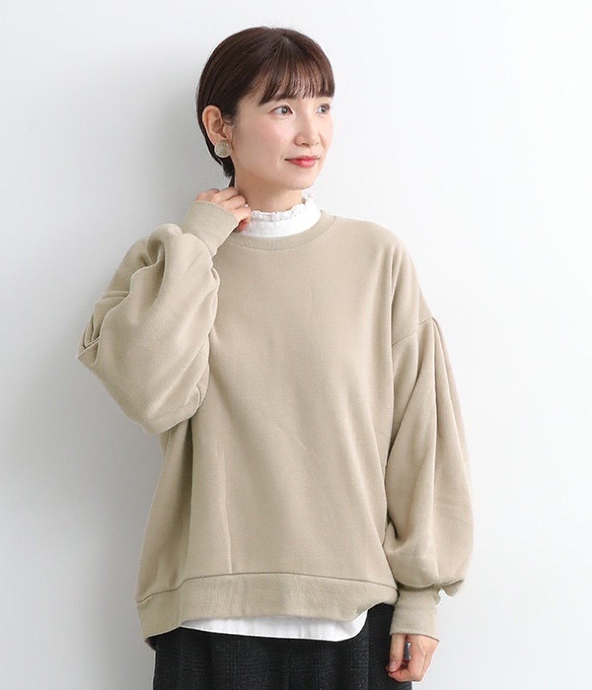 ポリエステルコットンボリュームスリーブプルオーバー(グレージュ-M)