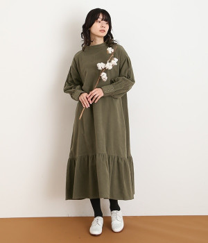 コットンツイル起毛ギャザー切替ワンピース(カーキ-M)