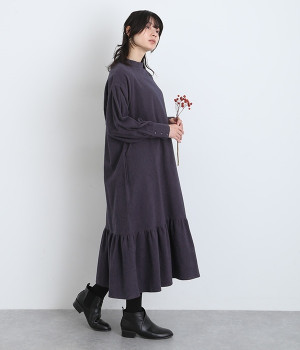 コットンツイル起毛ギャザー切替ワンピース(ネイビー-L)