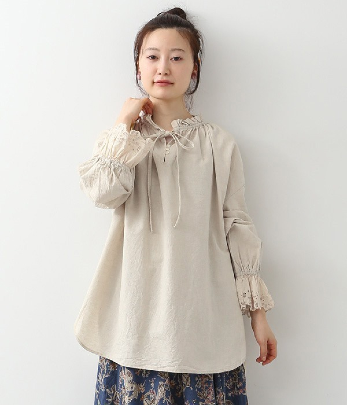 リネンコットンオックスリボン付きブラウス(キナリ-3L)