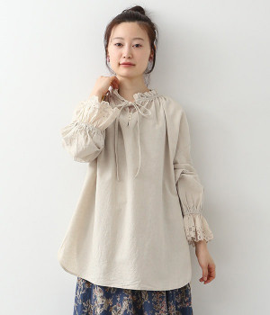 リネンコットンオックスリボン付きブラウス(キナリ-3L)