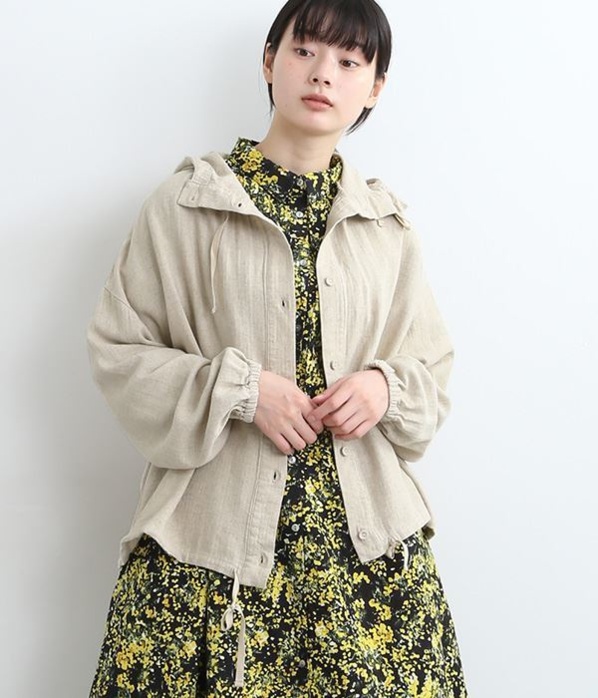 コットンリネンへリンボン　フーディージャケット(キナリ-L)