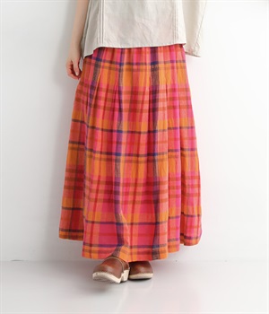 コットンリネンマドラスチェックスカート(ピンク-M)