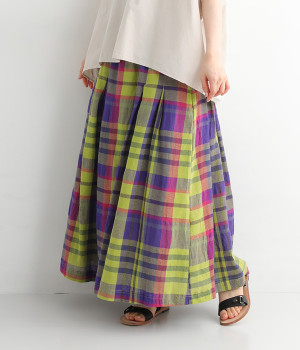 コットンリネンマドラスチェックスカート(イエローグリーン-L)