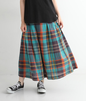 コットンリネンマドラスチェックスカート(ターコイズ-M)