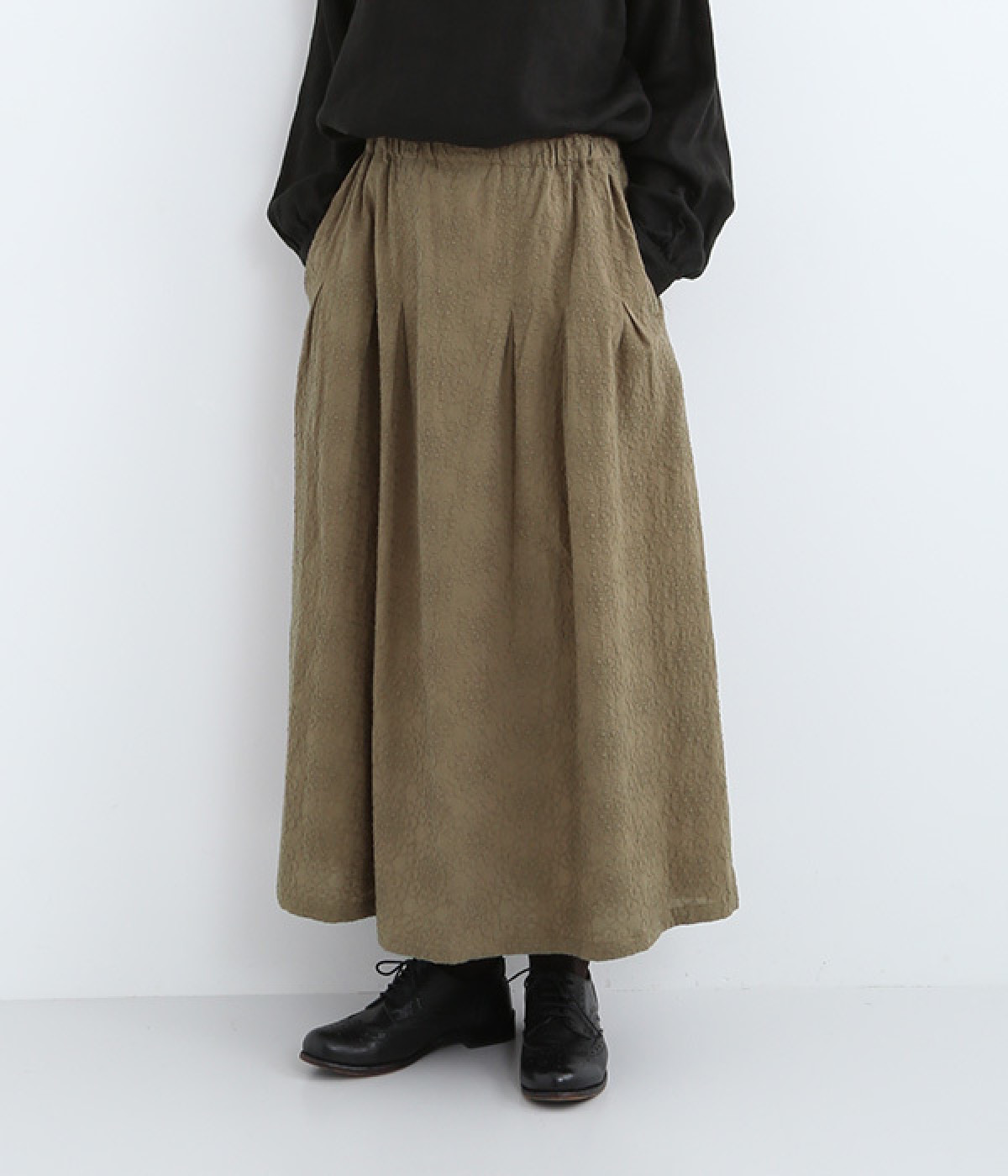 コットン花柄刺繍 ギャザースカート(カーキ-M)