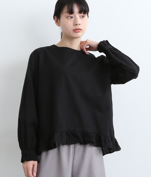 コットンリネンオックス　裾フリルプルオーバー(ブラック-M)