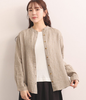 リネンストライプブラウス(ベージュ-M)