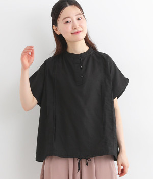 コットンラミー無地ピンタックバンドカラープルオーバー(ブラック-L)