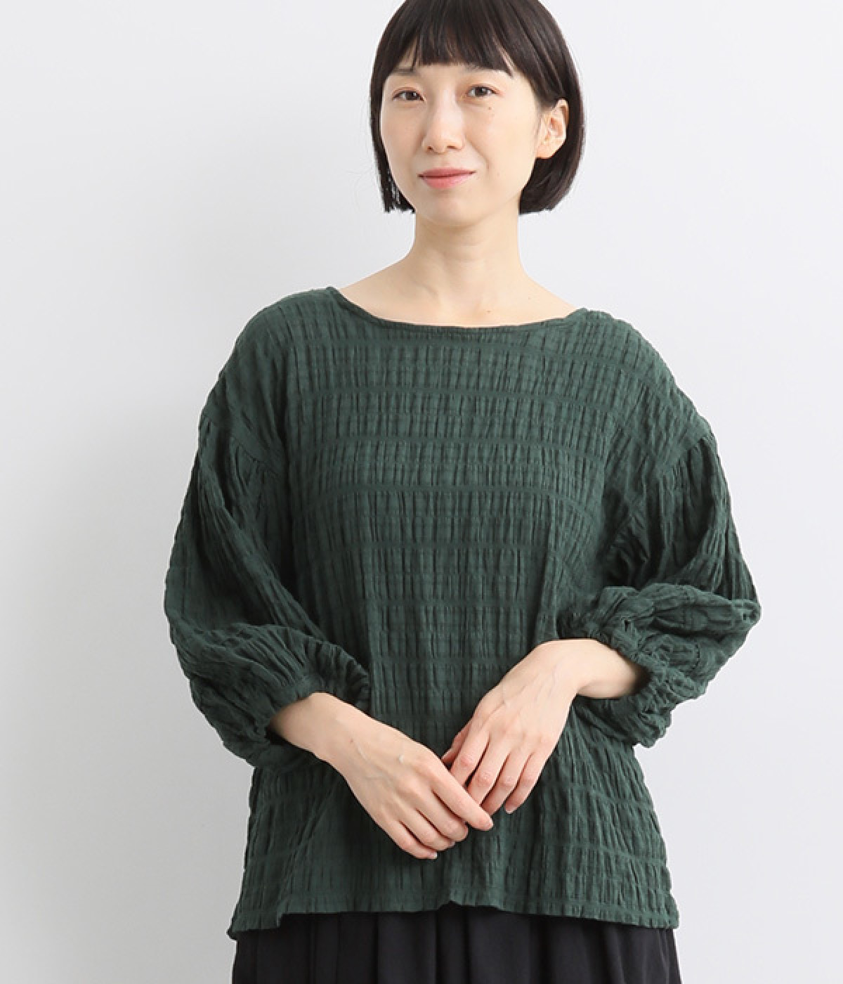 コットン混ボーダードビー2WAYブラウス(ダークグリーン-M)