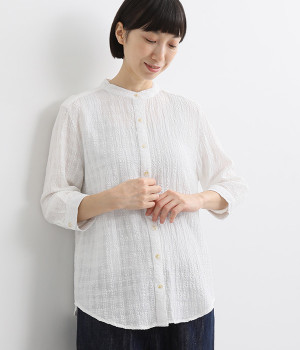 コットンリネンドビースラブスタンドネックシャツ(ホワイト-M)