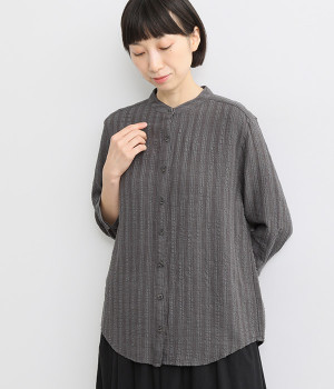 コットンリネンドビースラブスタンドネックシャツ(チャコール-L)