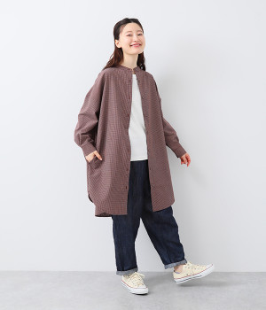 コットン混グラフチェックロングシャツ(ワイン-ONESIZE)