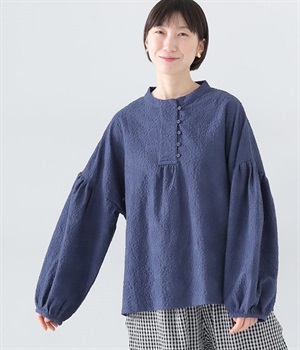 コットン花柄刺繍 スタンドカラープルオーバー