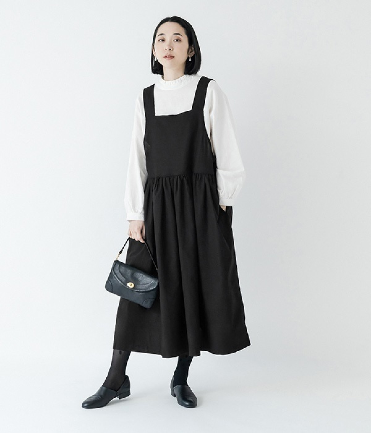 コットンリネン2WAYジャンパースカート(ブラック-M)
