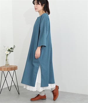 コットンデニム　ノーカラーワンピース(ブルー-L)