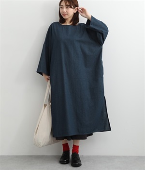 コットンデニム　ノーカラーワンピース(ネイビー-L)
